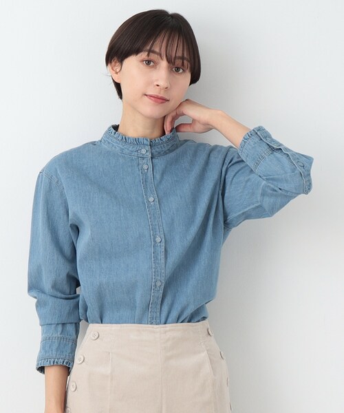 デッサン Dessin フリルネックデニムシャツ （ブルー(092)） 洗える】フリルネックデニムシャツ（シャツ/ブラウス）｜Dessin