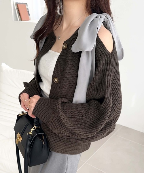 mily bilet（ミウィビレット）の「【mily bilet】あざとかわいい♪肩シフォンリボンマルチウェイニットカーディガン(ショート丈)（カーディガン/ボレロ・レディース・チャコールグレー/アイボリー/ピンク・LARGE/MEDIUM/SMALL/X-LARGE）」の3枚目の写真