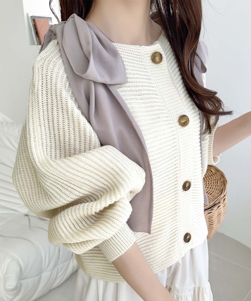 mily bilet（ミウィビレット）の「【mily bilet】あざとかわいい♪肩シフォンリボンマルチウェイニットカーディガン(ショート丈)（カーディガン/ボレロ・レディース・チャコールグレー/アイボリー/ピンク・LARGE/MEDIUM/SMALL/X-LARGE）」の2枚目の写真