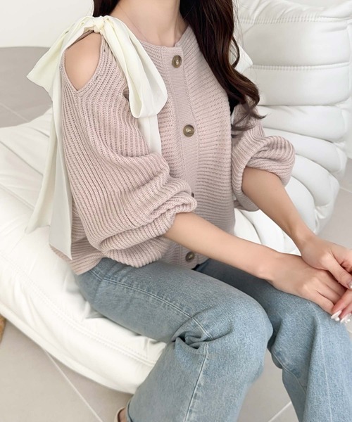 mily bilet（ミウィビレット）の「【mily bilet】あざとかわいい♪肩シフォンリボンマルチウェイニットカーディガン(ショート丈)（カーディガン/ボレロ・レディース・チャコールグレー/アイボリー/ピンク・LARGE/MEDIUM/SMALL/X-LARGE）」の18枚目の写真