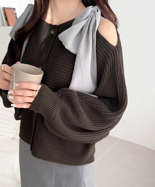 mily bilet（ミウィビレット）の「【mily bilet】あざとかわいい♪肩シフォンリボンマルチウェイニットカーディガン(ショート丈)（カーディガン/ボレロ・レディース・チャコールグレー/アイボリー/ピンク・LARGE/MEDIUM/SMALL/X-LARGE）」の12枚目の写真