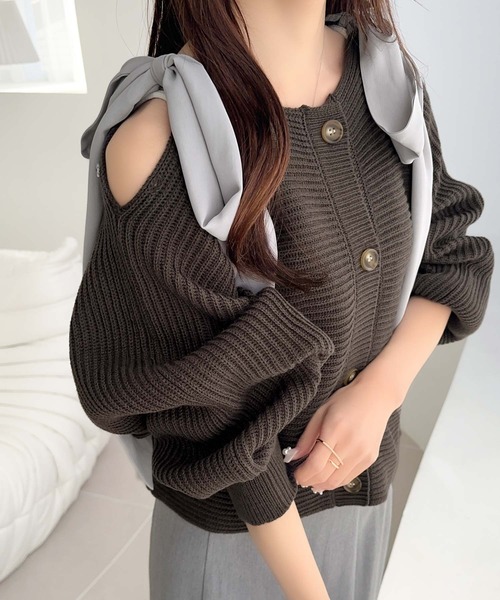 mily bilet（ミウィビレット）の「【mily bilet】あざとかわいい♪肩シフォンリボンマルチウェイニットカーディガン(ショート丈)（カーディガン/ボレロ・レディース・チャコールグレー/アイボリー/ピンク・LARGE/MEDIUM/SMALL/X-LARGE）」の13枚目の写真