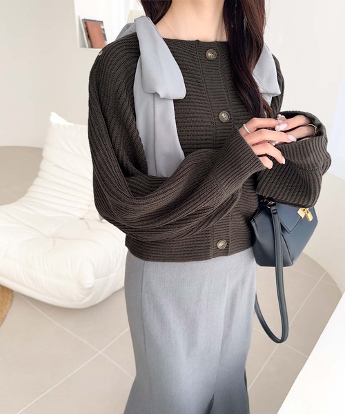 mily bilet（ミウィビレット）の「【mily bilet】あざとかわいい♪肩シフォンリボンマルチウェイニットカーディガン(ショート丈)（カーディガン/ボレロ・レディース・チャコールグレー/アイボリー/ピンク・LARGE/MEDIUM/SMALL/X-LARGE）」の15枚目の写真