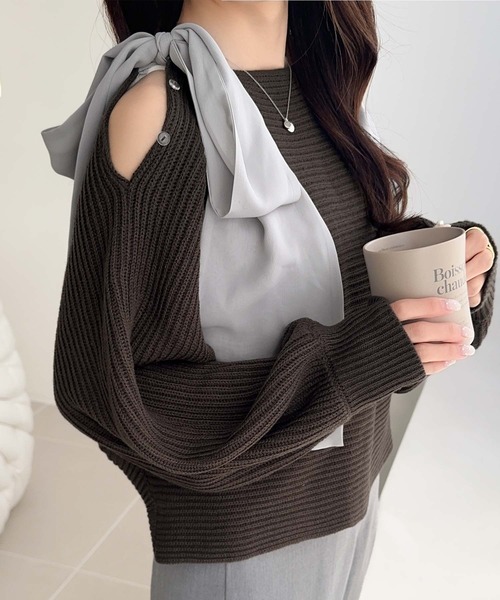 mily bilet（ミウィビレット）の「【mily bilet】あざとかわいい♪肩シフォンリボンマルチウェイニットカーディガン(ショート丈)（カーディガン/ボレロ・レディース・チャコールグレー/アイボリー/ピンク・LARGE/MEDIUM/SMALL/X-LARGE）」の10枚目の写真