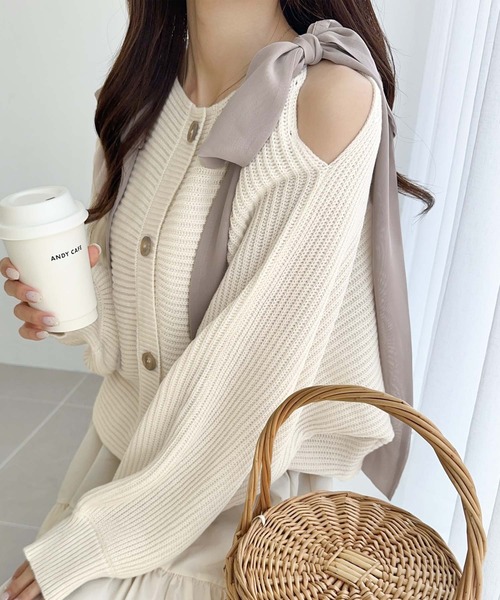 mily bilet（ミウィビレット）の「【mily bilet】あざとかわいい♪肩シフォンリボンマルチウェイニットカーディガン(ショート丈)（カーディガン/ボレロ・レディース・チャコールグレー/アイボリー/ピンク・LARGE/MEDIUM/SMALL/X-LARGE）」の6枚目の写真