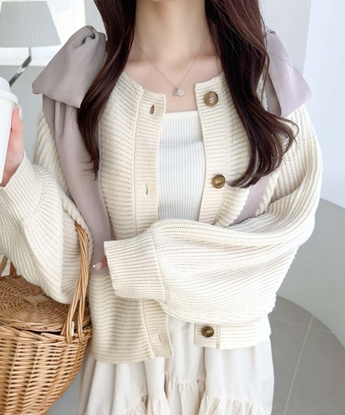 mily bilet（ミウィビレット）の「【mily bilet】あざとかわいい♪肩シフォンリボンマルチウェイニットカーディガン(ショート丈)（カーディガン/ボレロ・レディース・チャコールグレー/アイボリー/ピンク・LARGE/MEDIUM/SMALL/X-LARGE）」の4枚目の写真