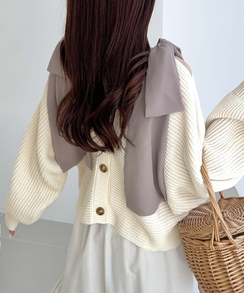 mily bilet（ミウィビレット）の「【mily bilet】あざとかわいい♪肩シフォンリボンマルチウェイニットカーディガン(ショート丈)（カーディガン/ボレロ・レディース・チャコールグレー/アイボリー/ピンク・LARGE/MEDIUM/SMALL/X-LARGE）」の7枚目の写真