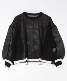 メッシュ袖ボリューム配色ニットプルオーバー