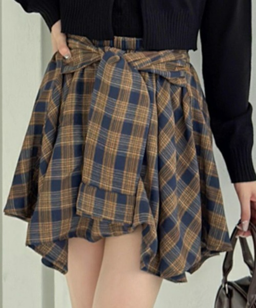 セール】チェック柄ラップ風スカート[インパン付 ミニ丈 セール】チェック柄ラップ風スカート[インパン付 ミニ丈