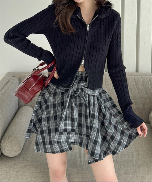 clear（クリア）の「チェック柄ラップ風スカート[インパン付 ミニ丈 レイヤード 韓国ファッション] ≪2025SS新作≫（スカート・レディース・グリーン/ネイビー/ブラック・F）」の17枚目の写真