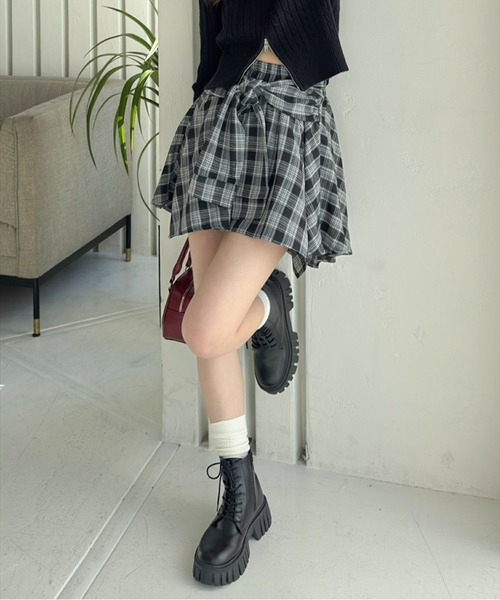 clear（クリア）の「チェック柄ラップ風スカート[インパン付 ミニ丈 レイヤード 韓国ファッション] ≪2025SS新作≫（スカート・レディース・グリーン/ネイビー/ブラック・F）」の18枚目の写真