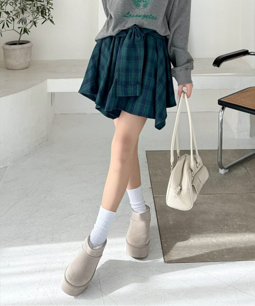 clear（クリア）の「チェック柄ラップ風スカート[インパン付 ミニ丈 レイヤード 韓国ファッション] ≪2025SS新作≫（スカート・レディース・グリーン/ネイビー/ブラック・F）」の5枚目の写真