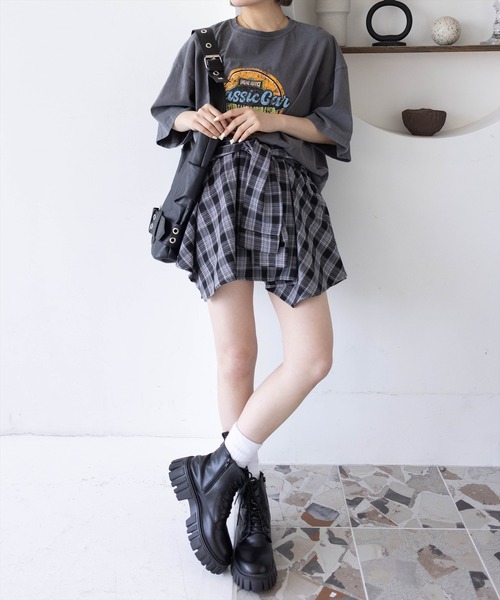 [OIOI COLLECTION] CHECK FRINGE ラップスカート *韓国 レイヤードレース付き チェック柄 アシンメトリーラップスカート