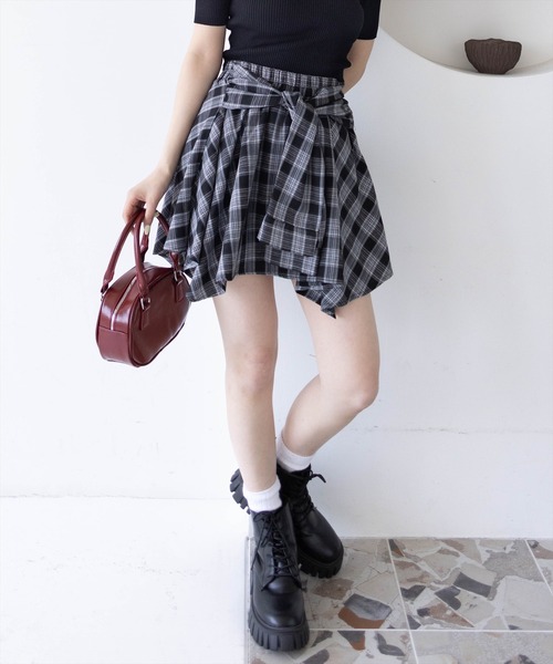 clear（クリア）の「チェック柄ラップ風スカート[インパン付 ミニ丈 レイヤード 韓国ファッション] ≪2025SS新作≫（スカート・レディース・グリーン/ネイビー/ブラック・F）」の7枚目の写真
