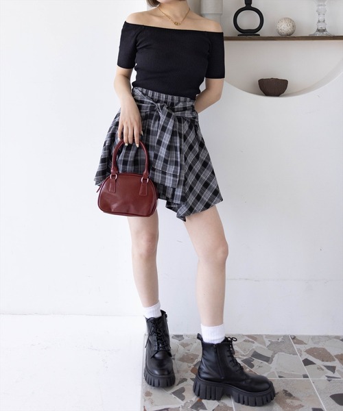 [OIOI COLLECTION] CHECK FRINGE ラップスカート *韓国 レイヤードレース付き チェック柄 アシンメトリーラップスカート