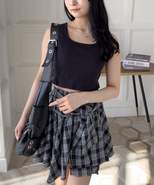 clear（クリア）の「チェック柄ラップ風スカート[インパン付 ミニ丈 レイヤード 韓国ファッション] ≪2025SS新作≫（スカート・レディース・グリーン/ネイビー/ブラック・F）」の10枚目の写真