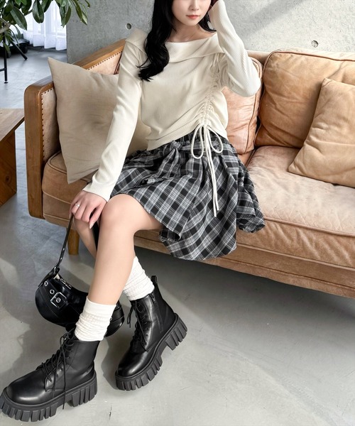 clear（クリア）の「チェック柄ラップ風スカート[インパン付 ミニ丈 レイヤード 韓国ファッション] ≪2025SS新作≫（スカート・レディース・グリーン/ネイビー/ブラック・F）」の13枚目の写真