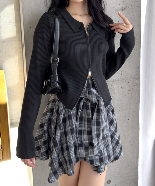 clear（クリア）の「チェック柄ラップ風スカート[インパン付 ミニ丈 レイヤード 韓国ファッション] ≪2025SS新作≫（スカート・レディース・グリーン/ネイビー/ブラック・F）」の15枚目の写真