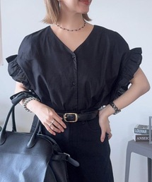 aquagarage | 涼しげ素材のラッフルスリーブVネックブラウス(シャツ/ブラウス)