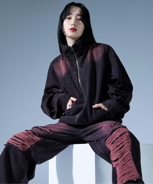 Ellno Loset(エルノロゼット)の「オーバーダイジップデニムブルゾン/SET UP対応(デニムジャケット・メンズ・ブラック/ブラック×レッド・SMALL/MEDIUM/LARGE)」の3枚目の写真