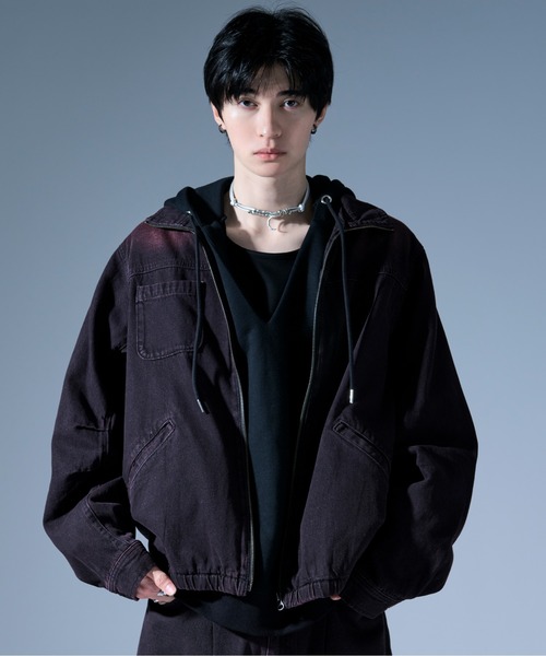 Ellno Loset(エルノロゼット)の「オーバーダイジップデニムブルゾン/SET UP対応(デニムジャケット・メンズ・ブラック/ブラック×レッド・SMALL/MEDIUM/LARGE)」の5枚目の写真