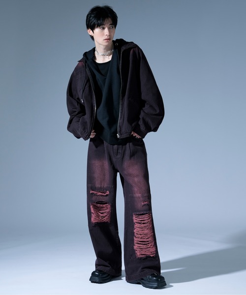 Ellno Loset(エルノロゼット)の「オーバーダイジップデニムブルゾン/SET UP対応(デニムジャケット・メンズ・ブラック/ブラック×レッド・SMALL/MEDIUM/LARGE)」の8枚目の写真