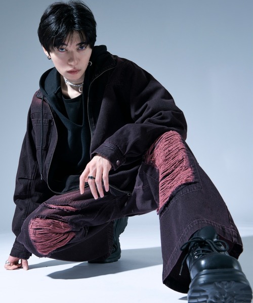 Ellno Loset(エルノロゼット)の「オーバーダイジップデニムブルゾン/SET UP対応(デニムジャケット・メンズ・ブラック/ブラック×レッド・SMALL/MEDIUM/LARGE)」の9枚目の写真