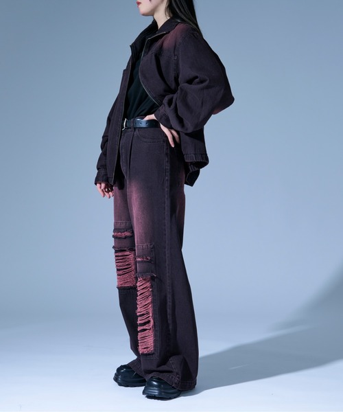 Ellno Loset(エルノロゼット)の「オーバーダイジップデニムブルゾン/SET UP対応(デニムジャケット・メンズ・ブラック/ブラック×レッド・SMALL/MEDIUM/LARGE)」の11枚目の写真