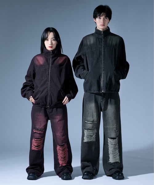 Ellno Loset(エルノロゼット)の「オーバーダイジップデニムブルゾン/SET UP対応(デニムジャケット・メンズ・ブラック/ブラック×レッド・SMALL/MEDIUM/LARGE)」の12枚目の写真