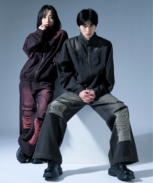 Ellno Loset(エルノロゼット)の「オーバーダイジップデニムブルゾン/SET UP対応(デニムジャケット・メンズ・ブラック/ブラック×レッド・SMALL/MEDIUM/LARGE)」の13枚目の写真