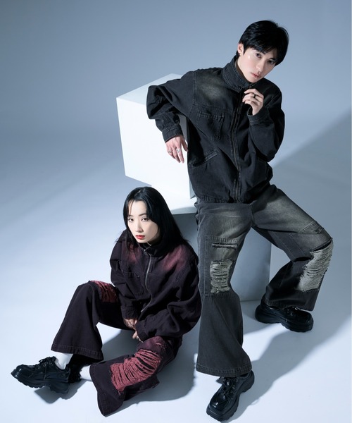 Ellno Loset(エルノロゼット)の「オーバーダイジップデニムブルゾン/SET UP対応(デニムジャケット・メンズ・ブラック/ブラック×レッド・SMALL/MEDIUM/LARGE)」の14枚目の写真