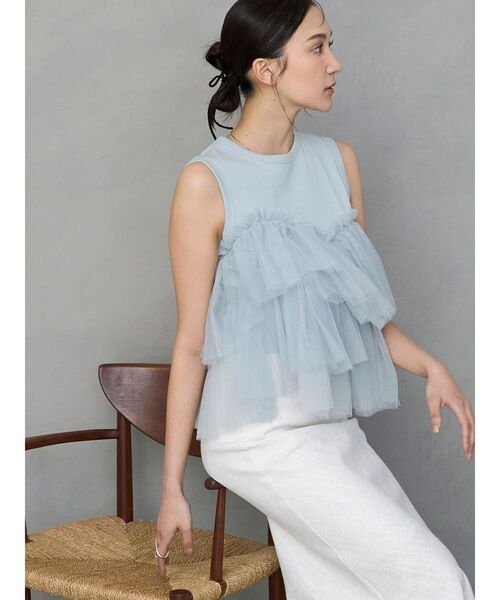 OUNNOUN（オウンノウン）の「【OUNNOUN】デザインペプラムタンクトップ（Tシャツ/カットソー・レディース・ブラック/ライトブルー/ホワイト・FREE）」の3枚目の写真