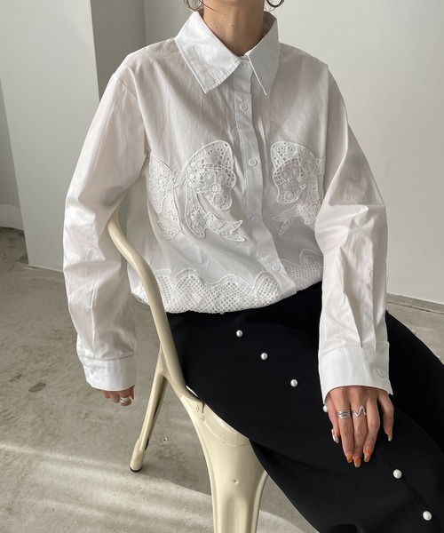 antic rag(アンティックラグ)の「リボンレースブラウス(シャツ/ブラウス・レディース・ブラック/ストライプ/ホワイト・FREE)」の2枚目の写真