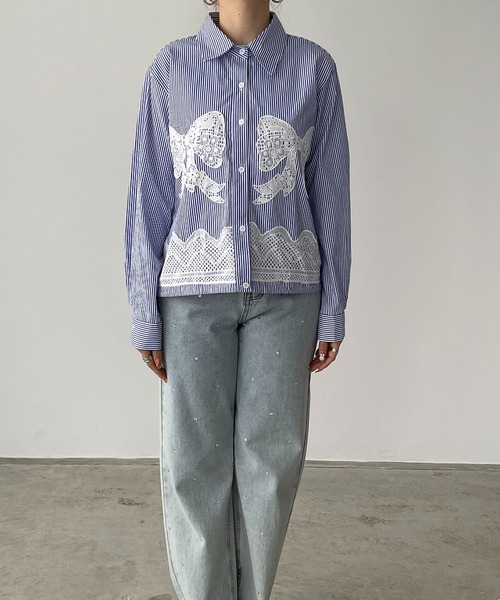 antic rag(アンティックラグ)の「リボンレースブラウス(シャツ/ブラウス・レディース・ブラック/ストライプ/ホワイト・FREE)」の6枚目の写真