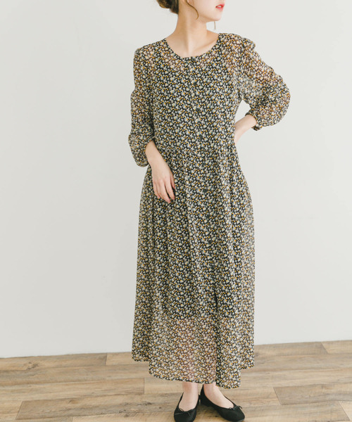 シフォン ロングワンピース S〜2XL フラワープリント セール】フラワープリントシフォンワンピース（ワンピース