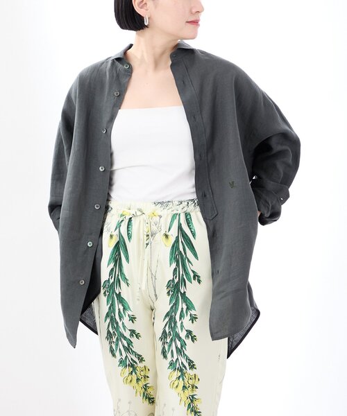 【美品】ティッカ リネンスクエアビックシャツ カーキ バンドカラー ワイド 美品】ティッカ リネンスクエアビックシャツ カーキ バンド
