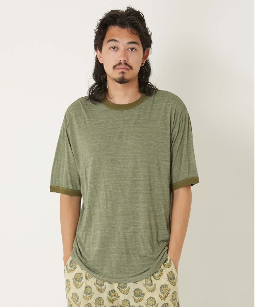 HOLLYWOOD RANCH MARKET（ハリウッドランチマーケット）の「レーヨンテンジク　リンガーTシャツ（Tシャツ/カットソー・メンズ・オリーブ/チャコール/ホワイト・MEDIUM/LARGE/X-LARGE/SMALL）」の15枚目の写真