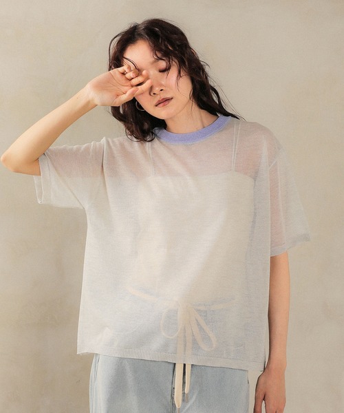 en CAnAF(エンカナフ)の「バイカラーシアーニット(Tシャツ/カットソー・レディース・ブルー/グリーン/グレー・フリー)」の1枚目の写真