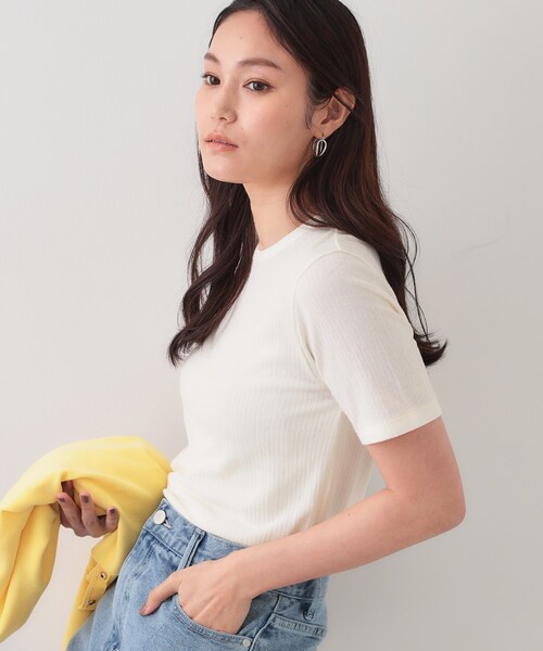 セール】ストライプリブカットソー【洗濯機洗い可】（Tシャツ