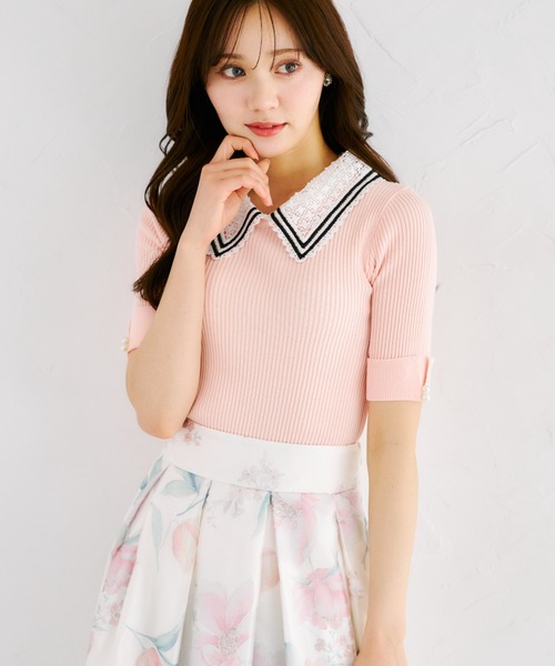 tocco closet（トッコ　クローゼット）の「【ZOZO限定】2WAYラインレース襟付きリブニット半袖トップス（ニット/セーター・レディース・ブラック/ライトブルー/オフホワイト/コーラルピンク/ネイビー・M）」の5枚目の写真