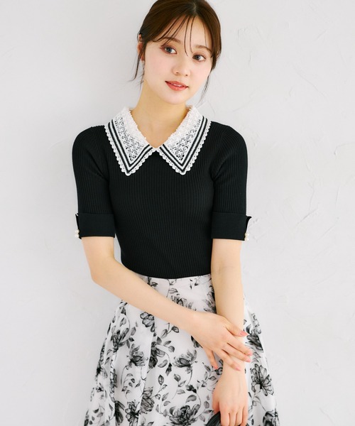 tocco closet（トッコ　クローゼット）の「【ZOZO限定】2WAYラインレース襟付きリブニット半袖トップス（ニット/セーター・レディース・ブラック/ライトブルー/オフホワイト/コーラルピンク/ネイビー・M）」の3枚目の写真