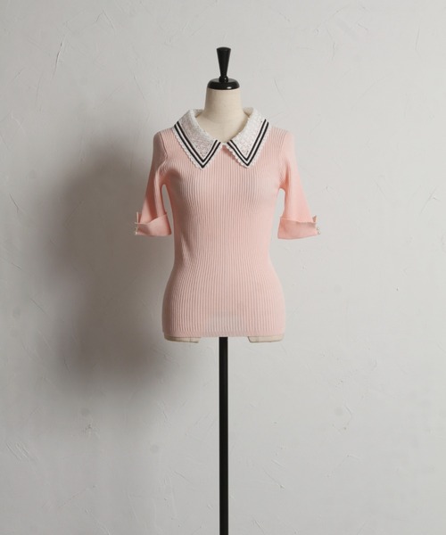 tocco closet（トッコ　クローゼット）の「【ZOZO限定】2WAYラインレース襟付きリブニット半袖トップス（ニット/セーター・レディース・ブラック/ライトブルー/オフホワイト/コーラルピンク/ネイビー・M）」の14枚目の写真