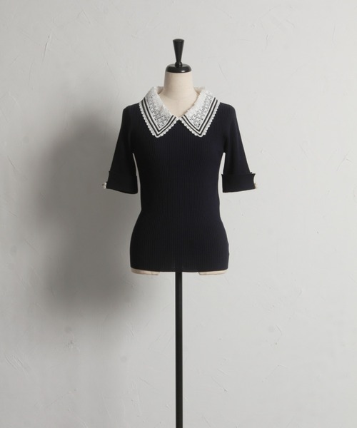 tocco closet（トッコ　クローゼット）の「【ZOZO限定】2WAYラインレース襟付きリブニット半袖トップス（ニット/セーター・レディース・ブラック/ライトブルー/オフホワイト/コーラルピンク/ネイビー・M）」の15枚目の写真