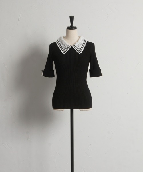 tocco closet（トッコ　クローゼット）の「【ZOZO限定】2WAYラインレース襟付きリブニット半袖トップス（ニット/セーター・レディース・ブラック/ライトブルー/オフホワイト/コーラルピンク/ネイビー・M）」の17枚目の写真