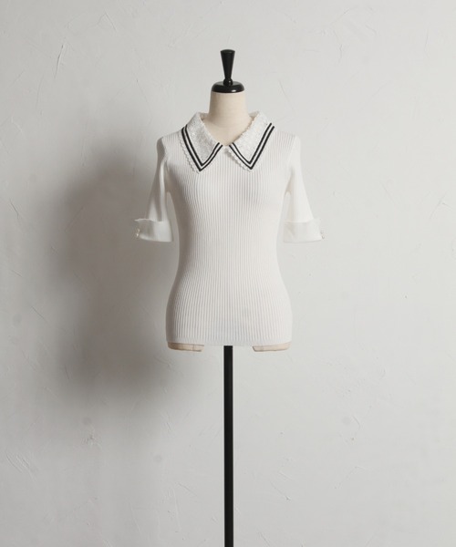 tocco closet（トッコ　クローゼット）の「【ZOZO限定】2WAYラインレース襟付きリブニット半袖トップス（ニット/セーター・レディース・ブラック/ライトブルー/オフホワイト/コーラルピンク/ネイビー・M）」の18枚目の写真