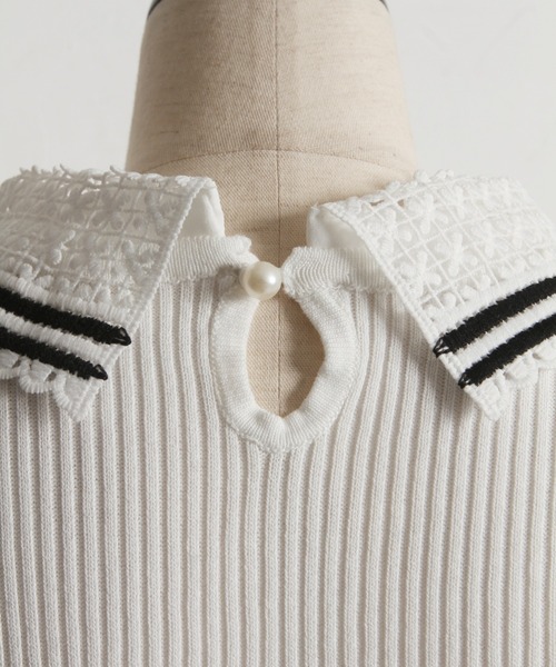 tocco closet（トッコ　クローゼット）の「【ZOZO限定】2WAYラインレース襟付きリブニット半袖トップス（ニット/セーター・レディース・ブラック/ライトブルー/オフホワイト/コーラルピンク/ネイビー・M）」の21枚目の写真