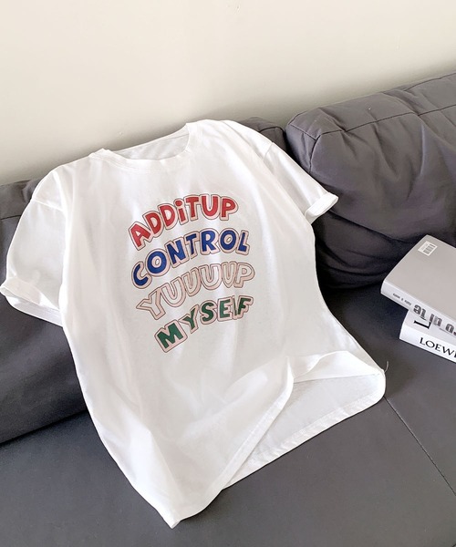 LOWO(ロワ)の「綿混英字プリントオーバーサイズTシャツ カットソー(Tシャツ/カットソー・レディース・ホワイト/グレー・FREE)」の8枚目の写真