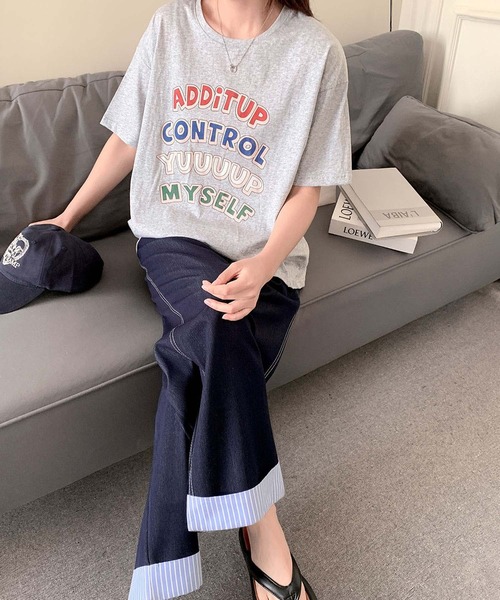 LOWO(ロワ)の「綿混英字プリントオーバーサイズTシャツ カットソー(Tシャツ/カットソー・レディース・ホワイト/グレー・FREE)」の10枚目の写真