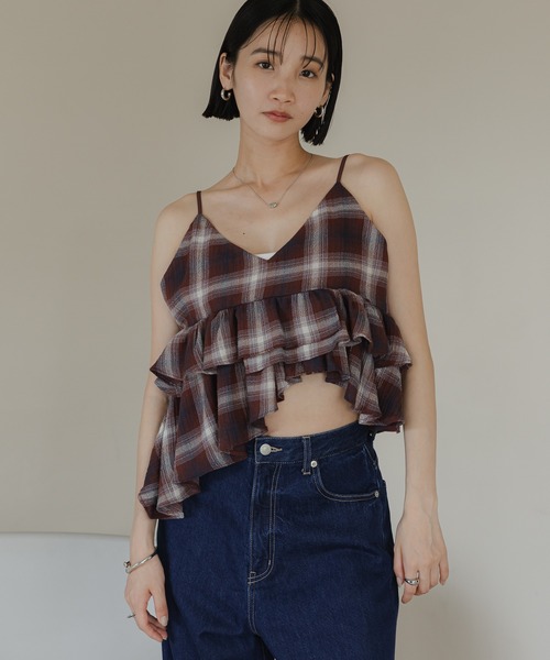 LOWRYS FARM(ローリーズファーム)の「オンブレチェックビスチェ 576770(キャミソール・レディース・チャコールグレー/レッド・FREE)」の2枚目の写真