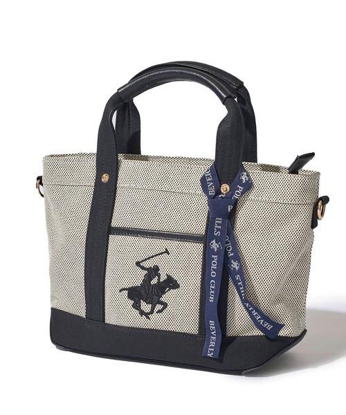 BEVERLY HILLS POLO CLUB(ビバリーヒルズポロクラブ)の「【Beverly Hills Polo Club/ビバリーヒルズポロクラブ】ポニー刺繍エルガリー生地トートバッグ(テープショルダー付属)(トートバッグ・レディース・ブラック/ネイビー/ブラウン・FREE)」の2枚目の写真